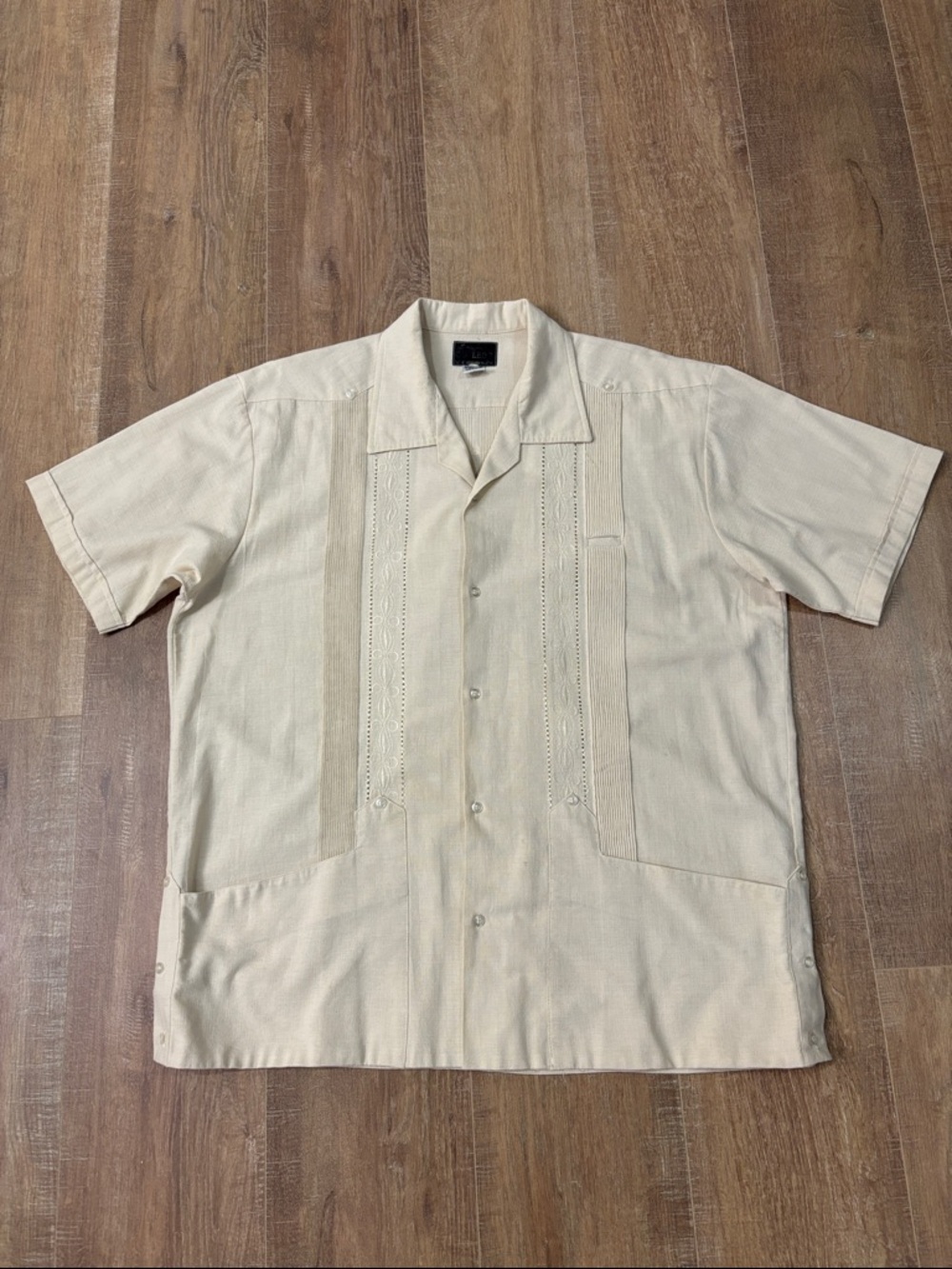 Men's Cream Guayabera Shirt with Embroidered Pintucks Size 44 / XL